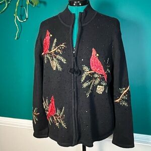 Black knit Cardigan with Red Cardinal and beading